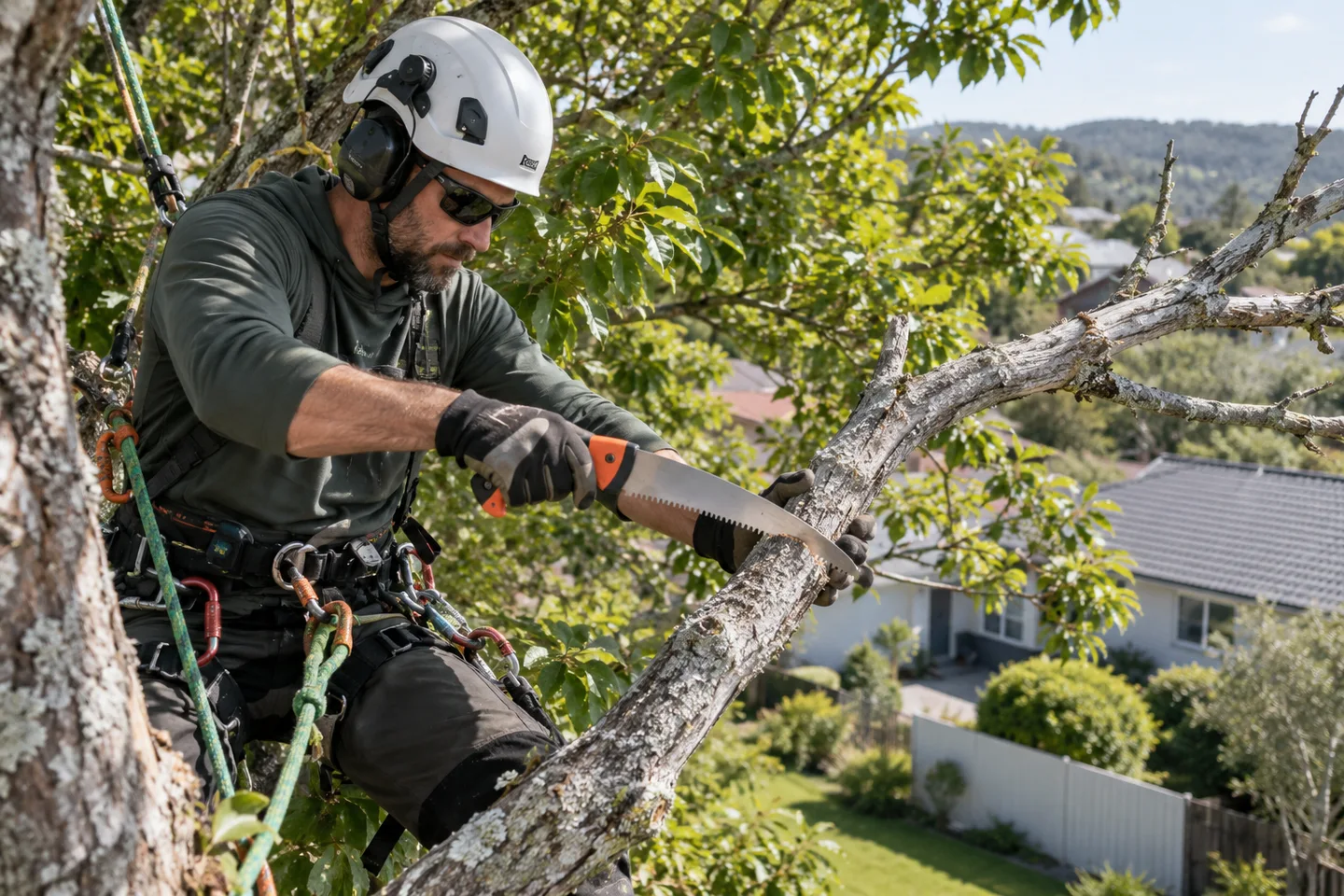 Tree work around homes and busy frontages — AI-generated illustration